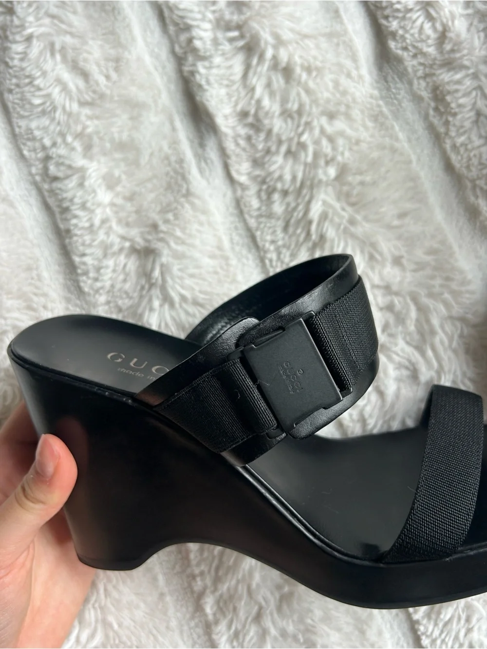 Gucci Black Leather Wedge Mules